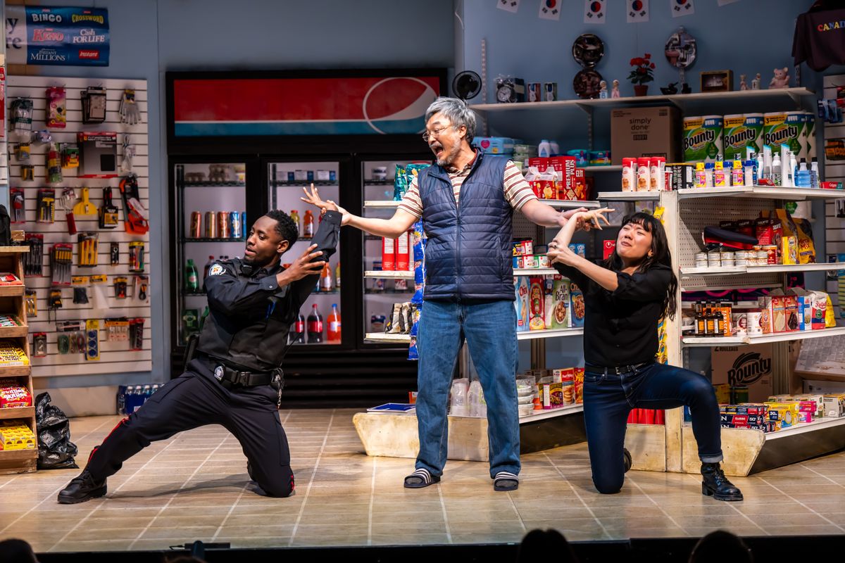 Brandon McKnight, Ins Choi, and Kelly Seo in Kim?s Convenience (2025). A Soulpepper Production in association with American Conservatory Theater & Adam Blanshay Productions. Photo by Dahlia Katz