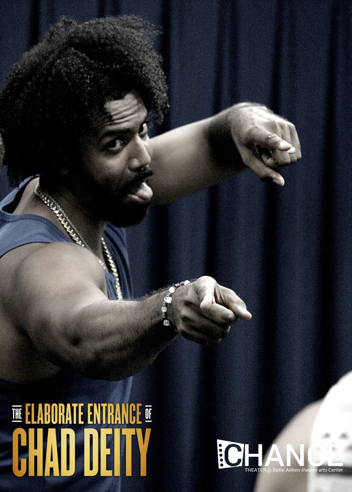 Londale Theus Jr. as Chad Deity in rehearsals for the OC premier of Kristoffer Diaz's Pulitzer Prize Finalist play, "The Elaborate Entrance of Chad Deity." Directed by Jeremy Aluma, this high-octane comedy-drama will play September 23 - October 23, 2022 at Chance Theater in Anaheim, CA. 