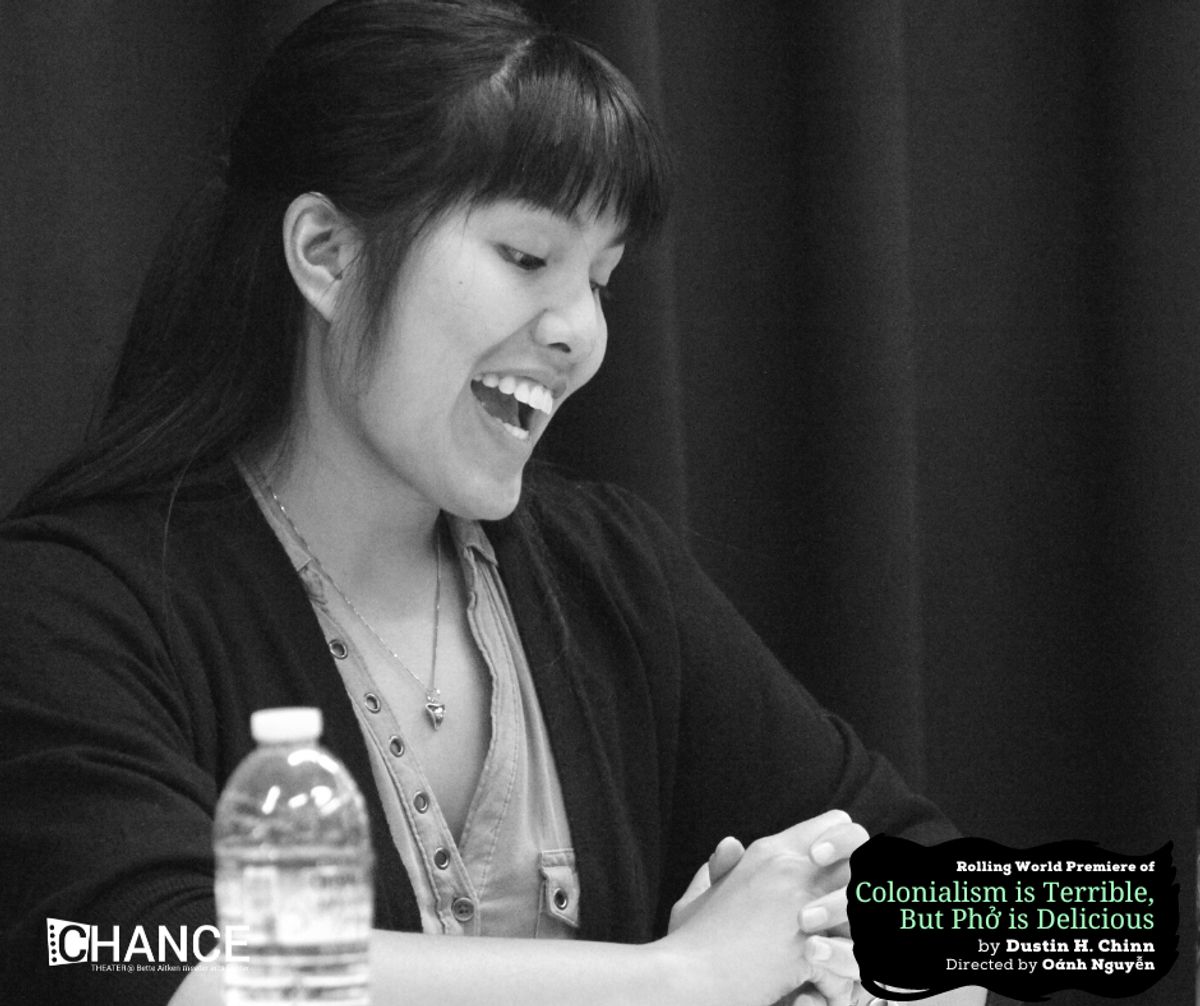 Hannah Mariah at the first read-thru for the rolling world premiere of "Colinialism is Terrible, But Phở is Delicious" at Chance Theater. Photo by Casey Long.