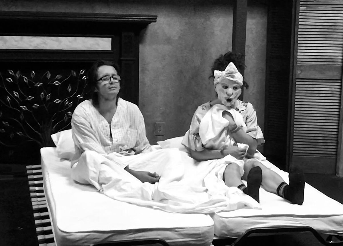 Still from rehearsal on Monday, October 21st, at Promenade Playhouse, Santa Monica, California -   Juan Carlos Flores (REY) and Magdalena Edwards (ATENEA)