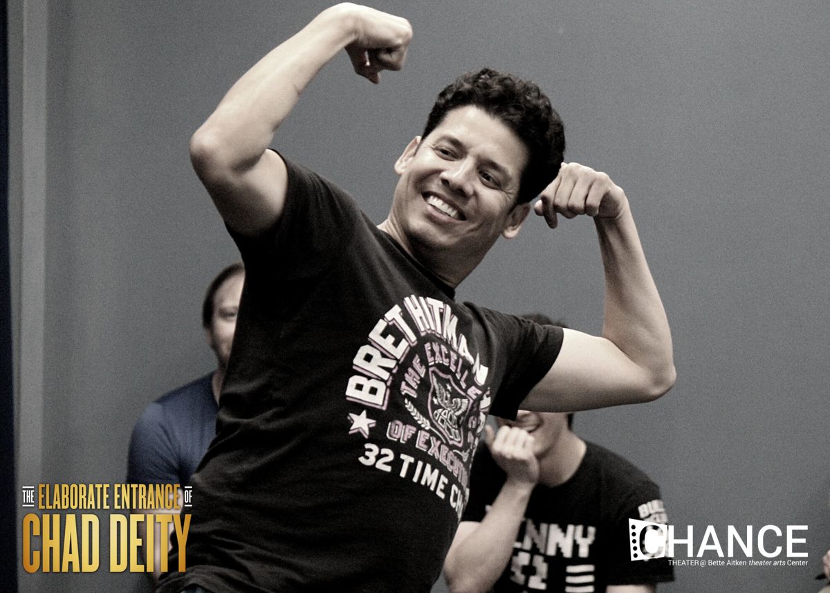 Rudy Solis III as Macedonio Guerra in rehearsals for the OC premier of Kristoffer Diaz's Pulitzer Prize Finalist play, "The Elaborate Entrance of Chad Deity." Directed by Jeremy Aluma, this high-octane comedy-drama will play September 23 - October 23, 2022 at Chance Theater in Anaheim, CA. 