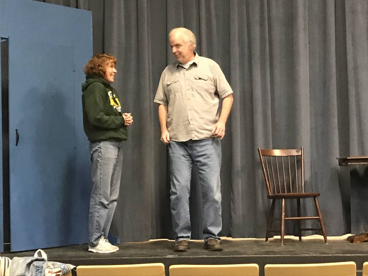 Karen Marshall, or Milford, DE, as Sketch Nurse Miss MacIntosh, rehearses with Chuck Rafferty, of Laurel, DE, as Willie Clark.