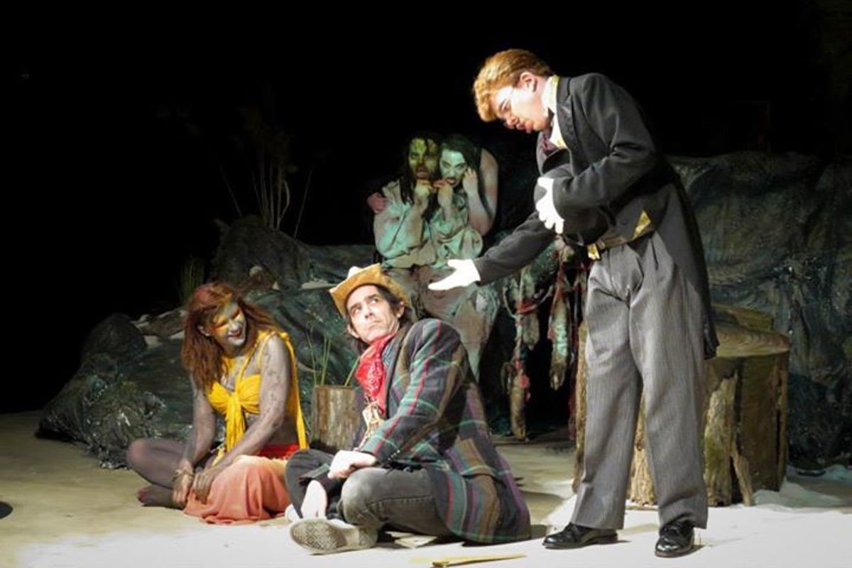 Ariel (Kate Bunce) looks on, as Stephano (Scott Hoffman) reaches out to Trinculo (Johnny Peifer), with Caliban (Tony Palmieri) and Sycorax (Kelley Mountzoures) lurking in the shadows. Ariel (Kate Bunce) looks on, as Stephano (Scott Hoffman) reaches out to Trinculo (Johnny Peifer), with Caliban (Tony Palmieri) and Sycorax (Kelley Mountzoures) lurking in the shadows.