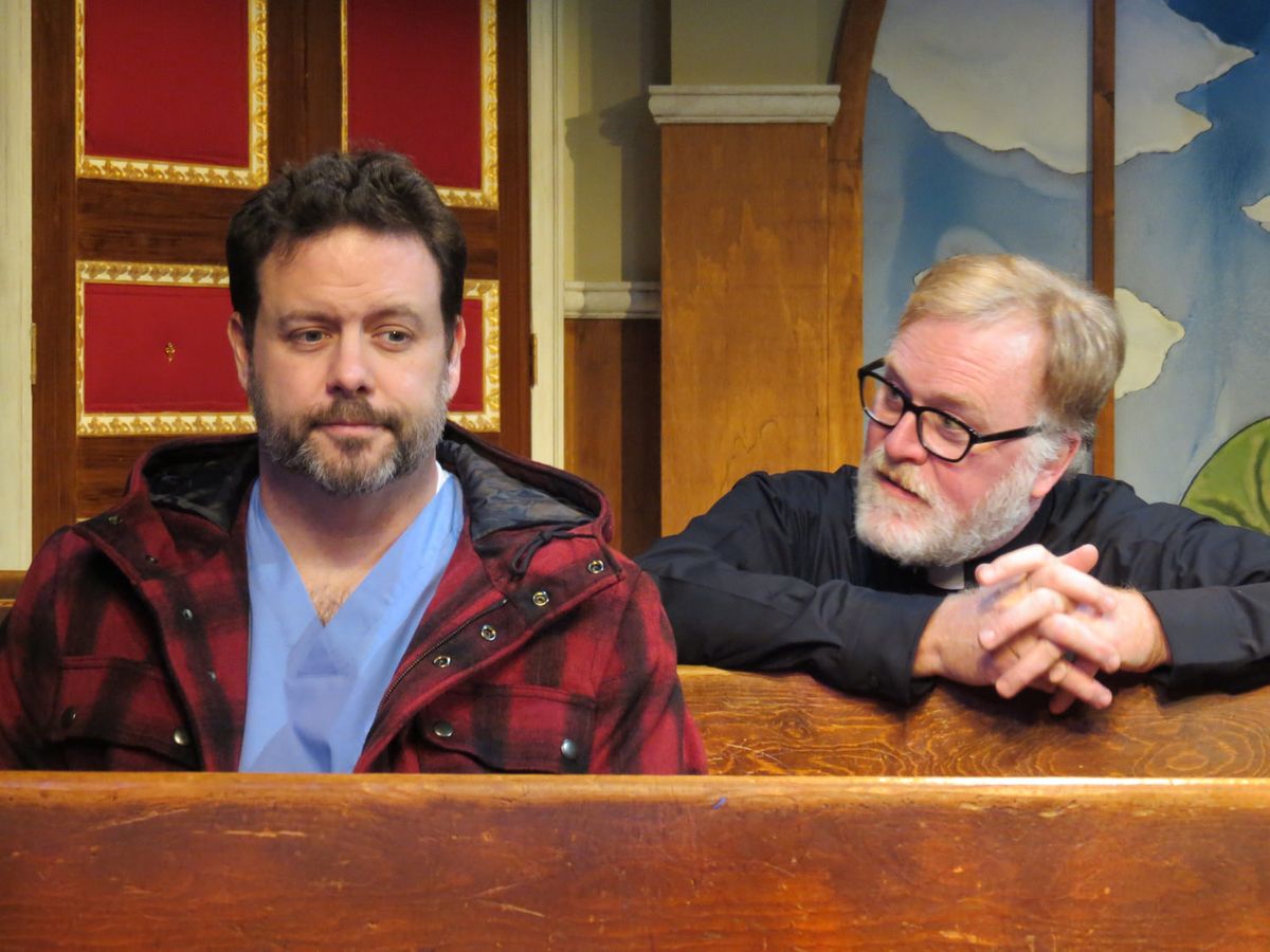 Jared Michael Delaney (L) as Carl and Ames Adamson as Father Dan in Joel Stone's edge-of-the-pew thriller THE CALLING at NJ Rep. (photo: SuzAnne Barabas) Jared Michael Delaney (L) as Carl and Ames Adamson as Father Dan in Joel Stone's edge-of-the-pew thriller THE CALLING at NJ Rep. (photo: SuzAnne Barabas)