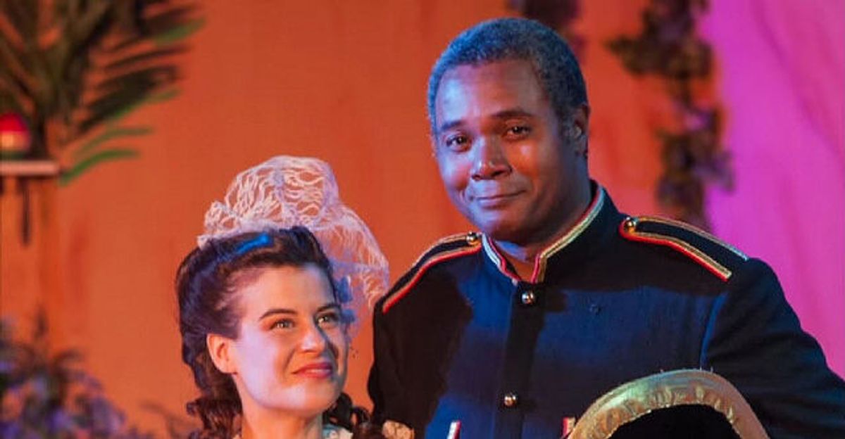 Father Knows Best: Jennifer Sperry as Mabel Stanley and Darryl Maximilian Robinson as Major-General Stanley in the 2014 San Pedro Theatre Club's 135th Anniversary Revival Production of Gilbert and Sullivan's 'The Pirates of Penzance'. Photo by Koop.