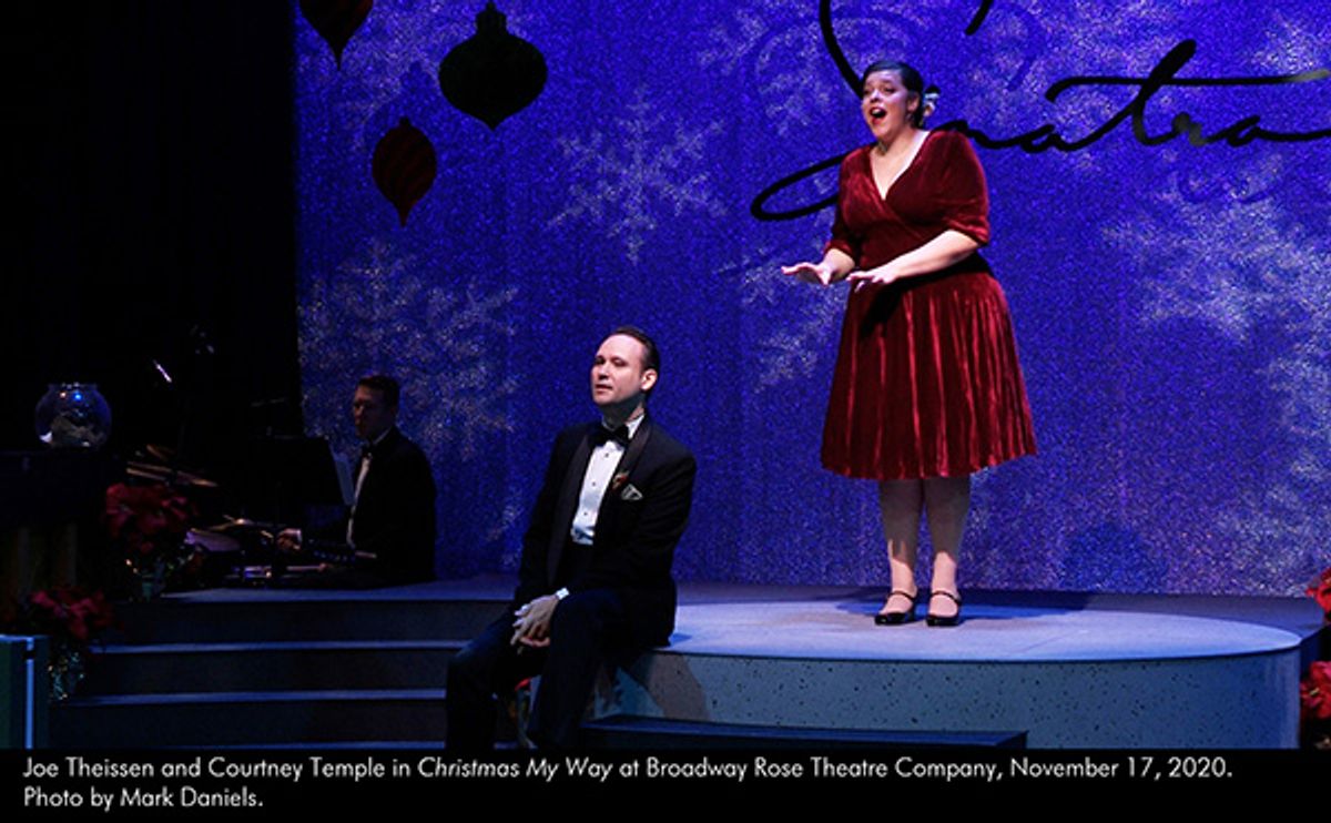 Joe Theissen and Courtney Temple in "Christmas My Way" at Broadway Rose Theatre Company. Photo by Mark Daniels. Joe Theissen and Courtney Temple in "Christmas My Way" at Broadway Rose Theatre Company. Photo by Mark Daniels.