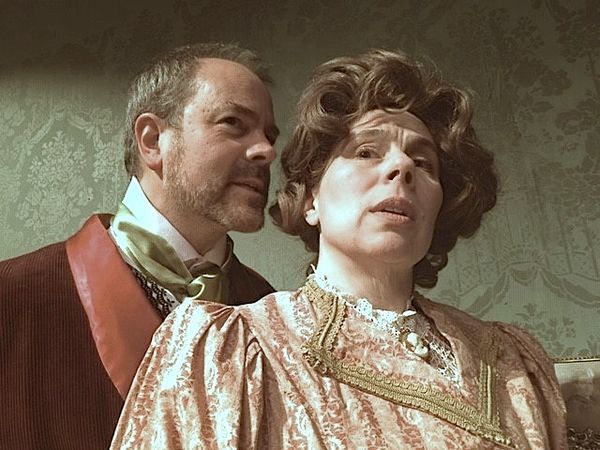 REHEARSAL PHOTO:  Mr. Jack Manningham psychologically torturing his wife, Bella.  Actors:  Erica Evelti, David Pollard   6