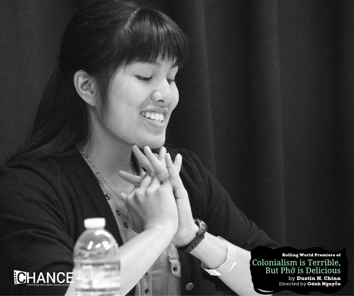 Hannah Mariah at the first read-thru for the rolling world premiere of "Colinialism is Terrible, But Phở is Delicious" at Chance Theater. Photo by Casey Long. 