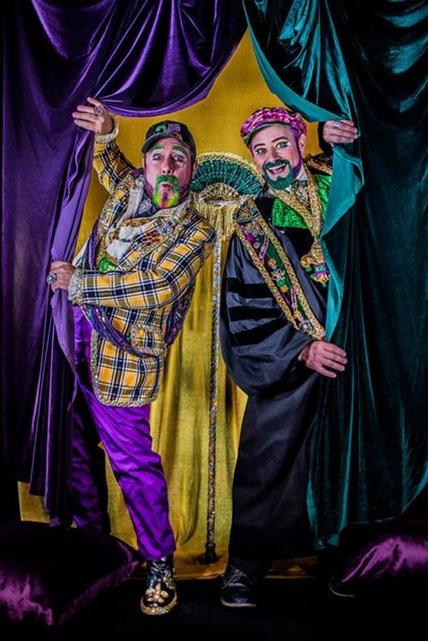 Professor Carl Nivale (Vatican Lokey) welcomes Grand Marshal Marty Graw (Edward R. Cox) to join the Carnival Festivities during The Professor Carl Nivale Show.  Photo by Roy Guste. 4