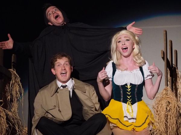 Igor (Matt Wetzel), Frederick Frankenstein (Jeremy Goldman), and Inga (Lindsey Landry) singing Roll In The Hay. Photo Credit: Bruce Press Photography 1