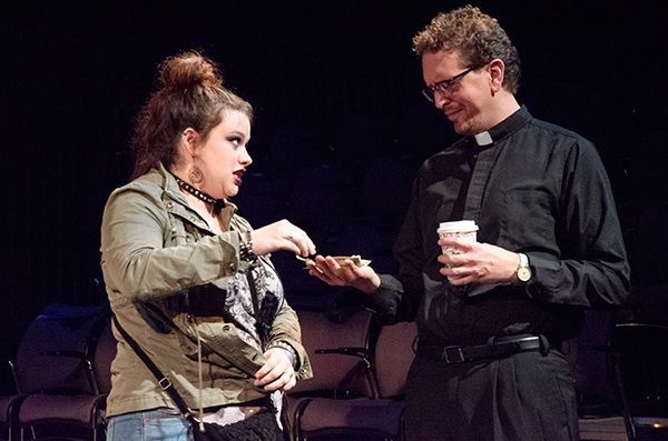 Bridget Smith as Abby  and Greg Grobis as Matthew in 100 Saints You Should Know, November 3-20 at YMCA’s Marlene Boll Theatre. 7