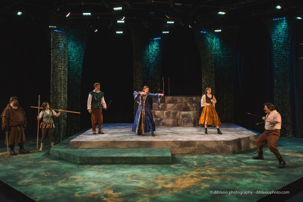 From left to right: Jason Speicher as Friar Tuck, Taylor Greny as Little John, Eddie Bell as Robin Hood, Becca Blacksten as Maid Marian, Meghan Hohman as Deorwynn, and Ben Smallwood as The Sheriff of 