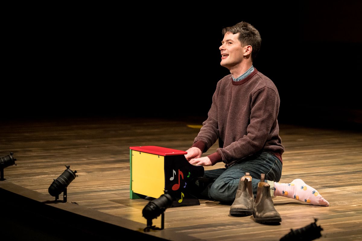 Writer-performer Milo Cramer in SCHOOL PICTURES at Theater Latt  Da, running Feb 5 - Mar 2, 2025. Photo: Dan Norman. 
