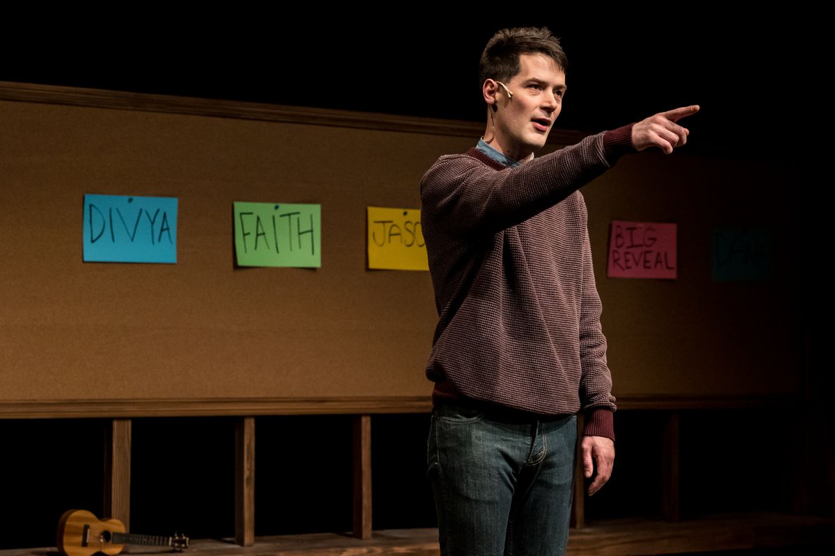 Writer-performer Milo Cramer in SCHOOL PICTURES at Theater Latt  Da, running Feb 5 - Mar 2, 2025. Photo: Dan Norman. 