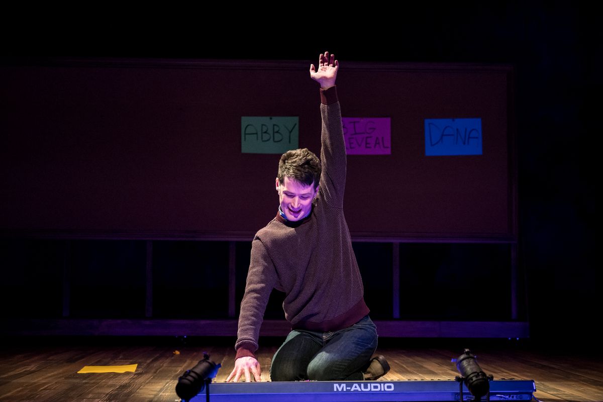 Writer-performer Milo Cramer in SCHOOL PICTURES at Theater Latt  Da, running Feb 5 - Mar 2, 2025. Photo: Dan Norman. 