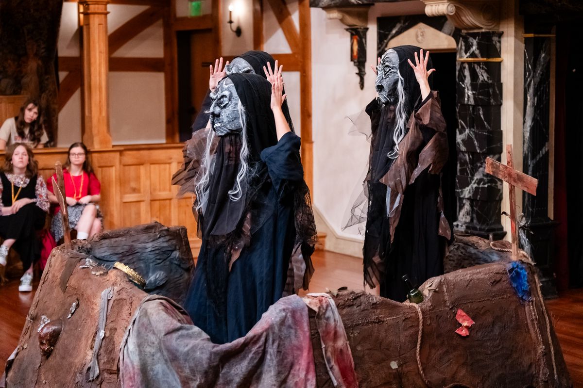 Sara Linares, Aidan O''Reilly, and Leah Gabriel as The Witches MACBETH at the American Shakespeare Center (2024). Photo by October Grace Media. Sara Linares, Aidan O''Reilly, and Leah Gabriel as The Witches MACBETH at the American Shakespeare Center (2024). Photo by October Grace Media.