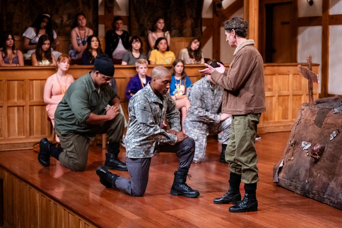 Kenn Hopkins, Jr. as Banquo, K.P. Powell as Macbeth, Britt Michael Gordon as Ross, and Angela Iannone as Duncan MACBETH at the American Shakespeare Center (2024). Photo by October Grace Media. Kenn Hopkins, Jr. as Banquo, K.P. Powell as Macbeth, Britt Michael Gordon as Ross, and Angela Iannone as Duncan MACBETH at the American Shakespeare Center (2024). Photo by October Grace Media.