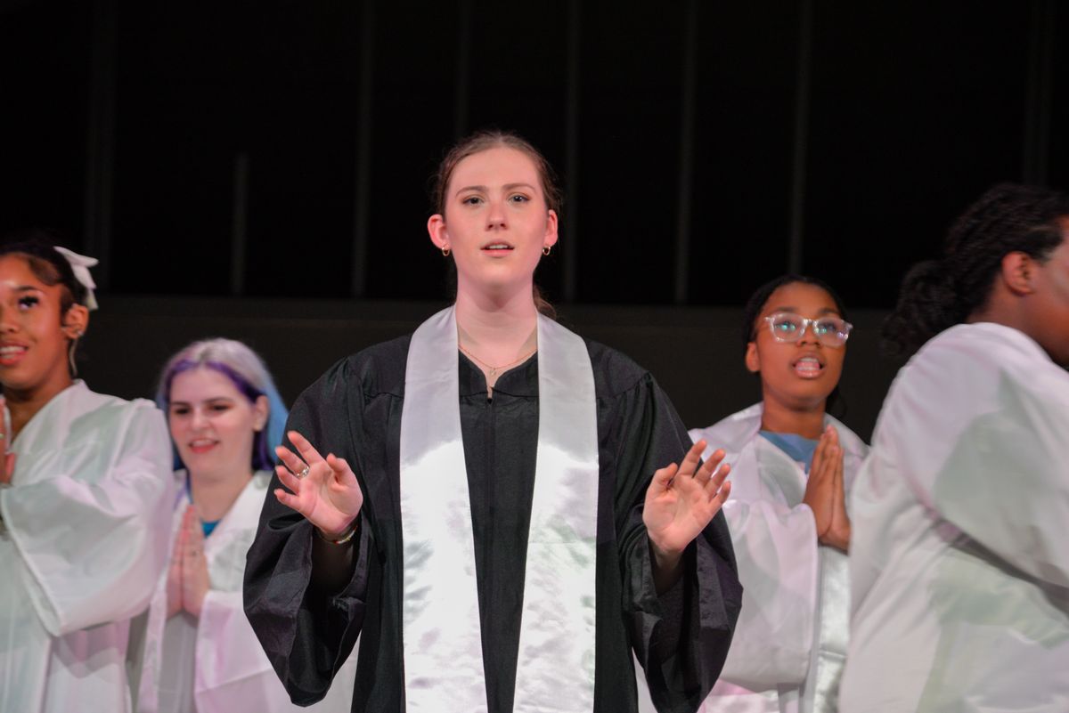 Alyssa Traska as Reverend Bliss in Carrie: The Musical singing Open Your Heart