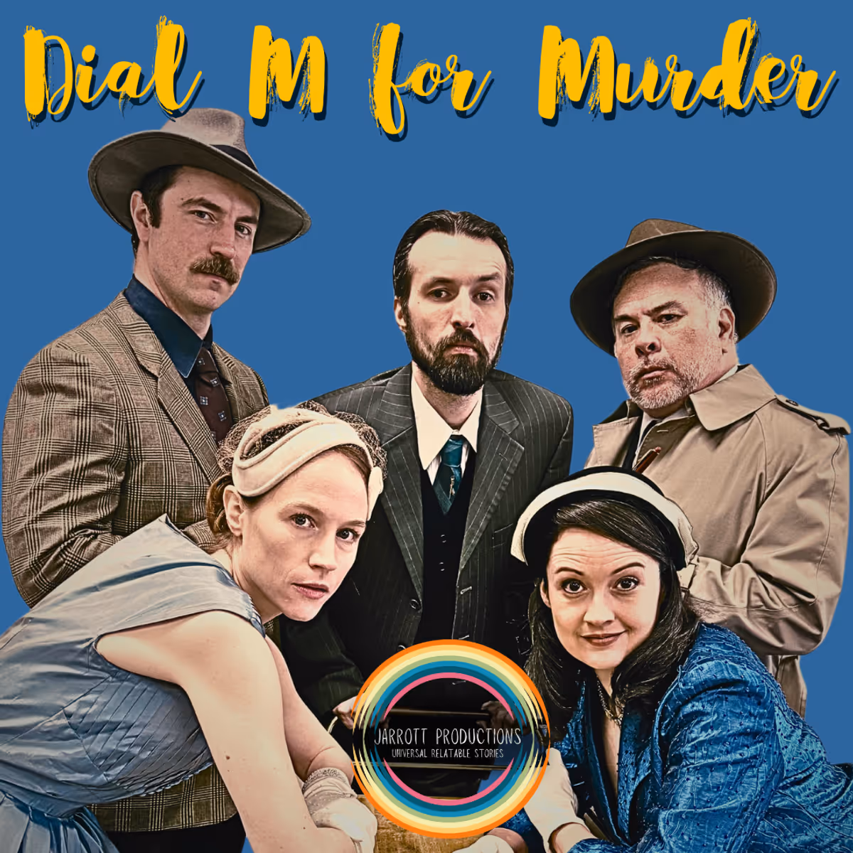 Pictured, L-R: Zachary Gamble as Lesgate, Devon Ragsdale as Margot Wendice, Justin G. Smith as Tony Wendice, Natalie D. Garcia as Maxine Hadley, & Mike Ooi as Inspector Hubbard.