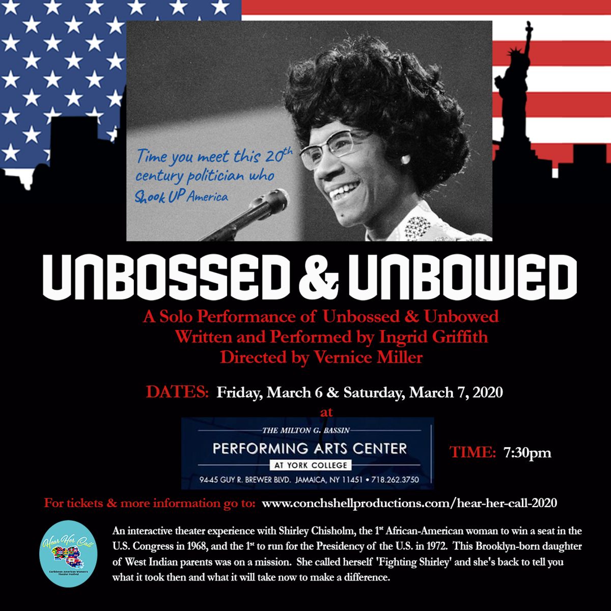 UNBOSSED & UNBOWED
written & performed by Ingrid Griffith
directed by Vernice Miller
presented as part of HEAR HER CALL CARIBBEAN AMERICAN WOMEN'S THEATER FESTIVAL UNBOSSED & UNBOWED
written & performed by Ingrid Griffith
directed by Vernice Miller
presented as part of HEAR HER CALL CARIBBEAN AMERICAN WOMEN'S THEATER FESTIVAL