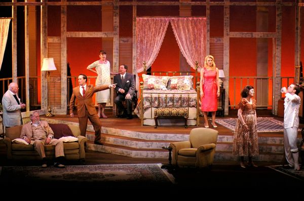  A family confrontation explodes in a scene with (l to r) Bennett Wood, Bill Baker, Kinon Keplinger, Shannon Walton, John Reynolds, Natalie Jones, Martha Jones, and Gabe Beutel-Gunn in the Theatre Memphis Lohrey Stage production of Cat on a Hot TIn Roof, April 28 - May 14, 2017. 2