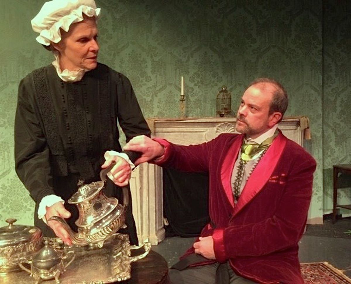 Mr. Jack Manningham making sure his housekeeper, Elizabeth, is under his control. Actors: David Pollard and Lesley Andrews Mr. Jack Manningham making sure his housekeeper, Elizabeth, is under his control. Actors: David Pollard and Lesley Andrews