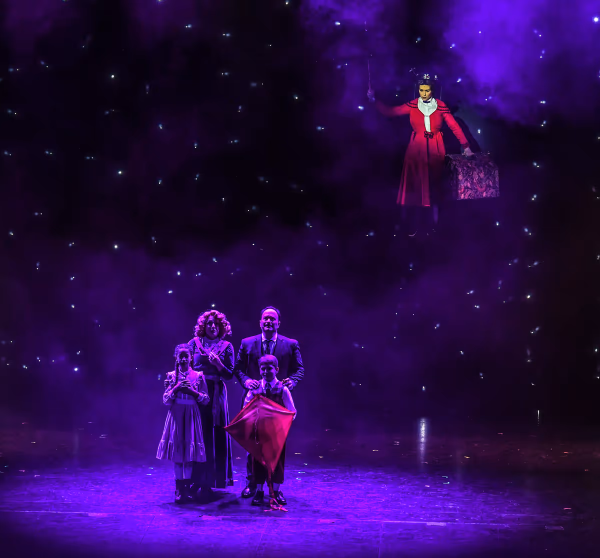 (Left to right) Victoria Vasquez (front), April Strelinger (back), Nate Colton, (front) Matthew Korinko (back), Melissa Whitworth (flying) in Slow Burn Theater Company?s MARY POPPINS (Left to right) Victoria Vasquez (front), April Strelinger (back), Nate Colton, (front) Matthew Korinko (back), Melissa Whitworth (flying) in Slow Burn Theater Company?s MARY POPPINS
