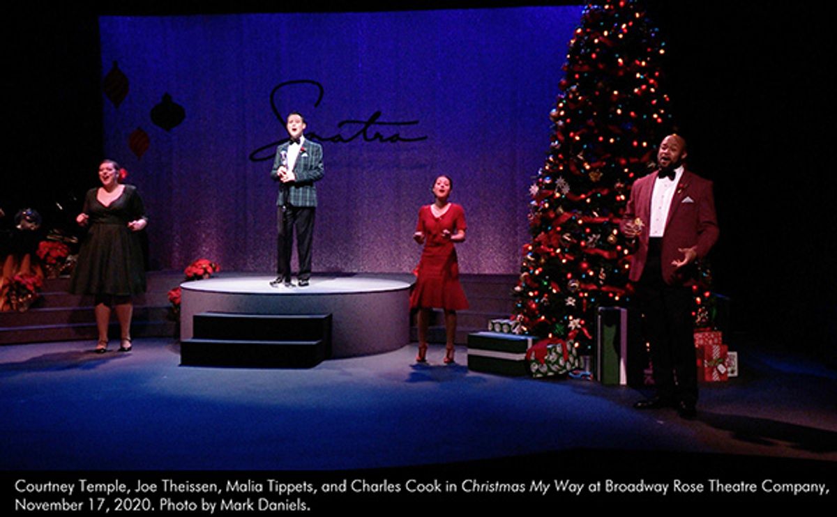 Courtney Temple, Joe Theissen, Malia Tippets, and Charles Cook in "Christmas My Way" at Broadway Rose Theatre Company. Photo by Mark Daniels. Courtney Temple, Joe Theissen, Malia Tippets, and Charles Cook in "Christmas My Way" at Broadway Rose Theatre Company. Photo by Mark Daniels.