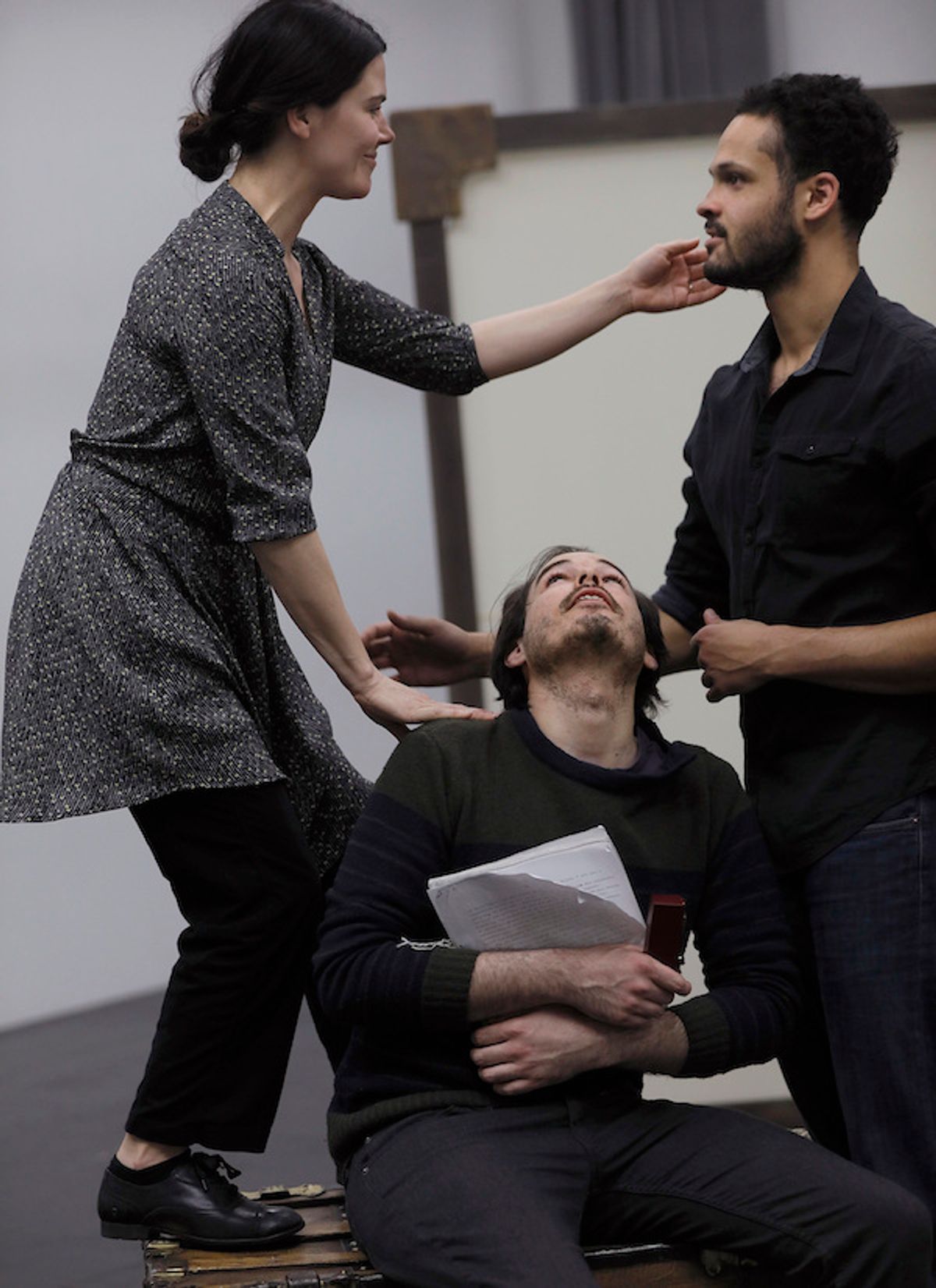 FIRST LOOK!  Rehearsal pix - The Master (Teague M Parker) recounts meeting Margarita (Jennifer Faulkner) for an enthralled Ivan (Nathan Brockett)    THE MASTER & MARGARITA: A Remix of Bulgakov by theater simple.  photo by Chris Bennion. 