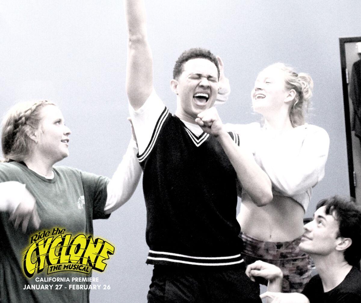 Rose Pell as Constance Blackwood, Jaylen Baham as Ricky Potts, Hayley Wolff as Ocean O'Connell Rosenberg, and Wyatt Hatfield as Noel Gruber in rehearsal for the California premiere of "Ride the Cyclone" at Chance Theater in Anaheim, CA. Book, music, and lyrics by Jacob Richmond & Brooke Maxwell, directed by Jocelyn A. Brown, music direction by Lex Leigh, and choreographed by Miguel Cardenas. Playing January 27 - February 26, 2023 at Bette Aitken theater arts Center on the Cripe Stage. Rose Pell as Constance Blackwood, Jaylen Baham as Ricky Potts, Hayley Wolff as Ocean O'Connell Rosenberg, and Wyatt Hatfield as Noel Gruber in rehearsal for the California premiere of "Ride the Cyclone" at Chance Theater in Anaheim, CA. Book, music, and lyrics by Jacob Richmond & Brooke Maxwell, directed by Jocelyn A. Brown, music direction by Lex Leigh, and choreographed by Miguel Cardenas. Playing January 27 - February 26, 2023 at Bette Aitken theater arts Center on the Cripe Stage.