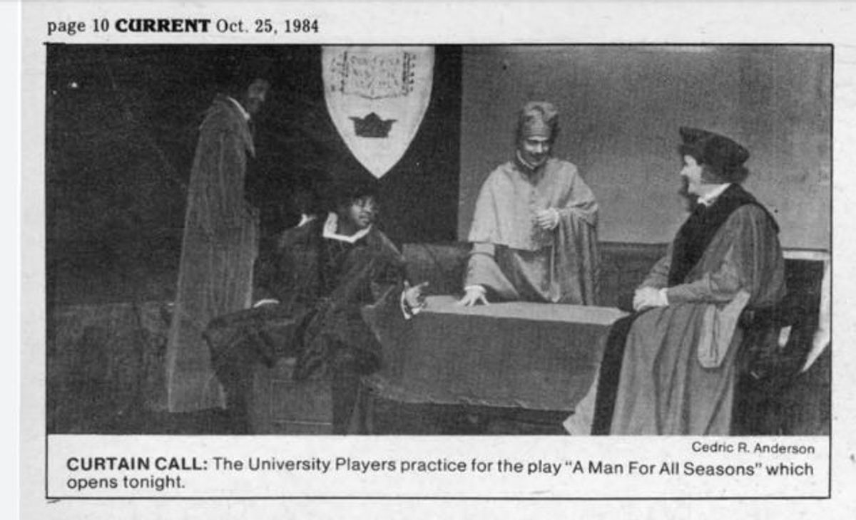 PLAYING ROBERT BOLT'S SIR THOMAS MORE!: Seen here in this 1984 UMSL Current news photo ( standing far left ) and joined by other actors in a talented cast, Chicago-born stage actor and play director Darryl Maximilian Robinson appeared as the doomed Lord Chancellor of England, Sir Thomas More in Director John Grassilli's October 1984 revival staging of Robert Bolt's classic historical drama "A Man For All Seasons" presented by The University Players of The University of Missouri-St. Louis at The Benton Hall Theater. PLAYING ROBERT BOLT'S SIR THOMAS MORE!: Seen here in this 1984 UMSL Current news photo ( standing far left ) and joined by other actors in a talented cast, Chicago-born stage actor and play director Darryl Maximilian Robinson appeared as the doomed Lord Chancellor of England, Sir Thomas More in Director John Grassilli's October 1984 revival staging of Robert Bolt's classic historical drama "A Man For All Seasons" presented by The University Players of The University of Missouri-St. Louis at The Benton Hall Theater.