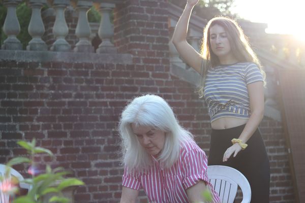 Leanne Rooney as Hamlet and Mary Ethel Schmidt as King Claudius rehearse a scene from Schuylkill Free Shakespeare's production of The Tragedie of Hamlet, directed by Emily Rose Ehlinger. 2