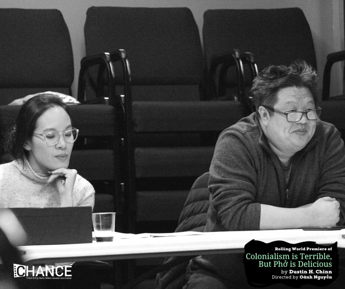 Dramaturg Natalia Duong and Director Oánh Nguyễn at the first read-thru for the rolling world premiere of "Colinialism is Terrible, But Phở is Delicious" at Chance Theater. Photo by Casey Long.