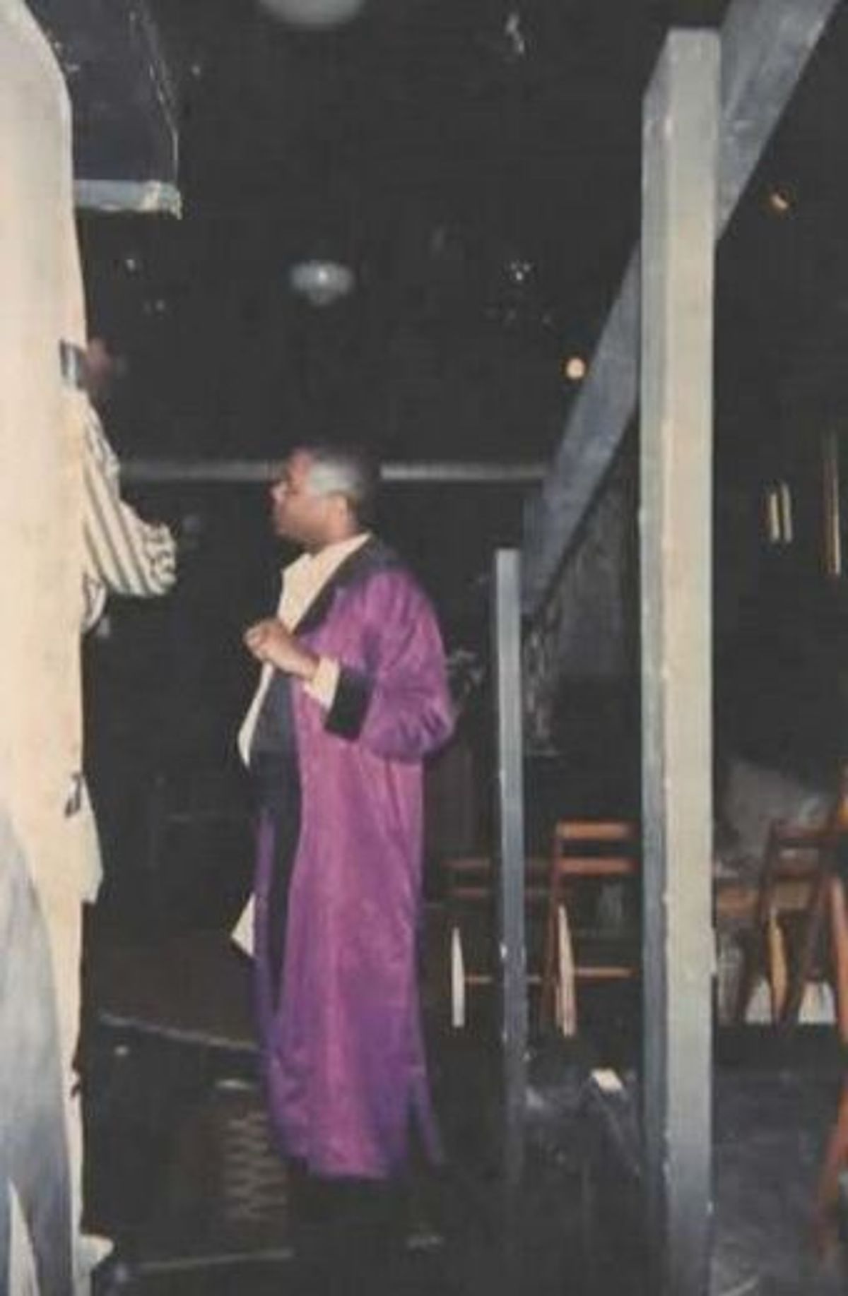 A CHAT AT END OF "DAY'S"!: Excaliber Shakespeare Company of Chicago Founder and Director Darryl Maximilian Robinson, who starred as James Tyrone, Sr., takes a moment to talk with an audience member after the curtain call of a performance of the1997 Excaliber Shakespeare Company revival of Eugene O'Neill's "Long Day's Journey Into Night" at the intimate Heartland Cafe Studio Theatre in the Rogers Park neighborhood of The Windy City. 1997 ESC Cast Photo by ESC Dramaturg Jeff Helgeson.