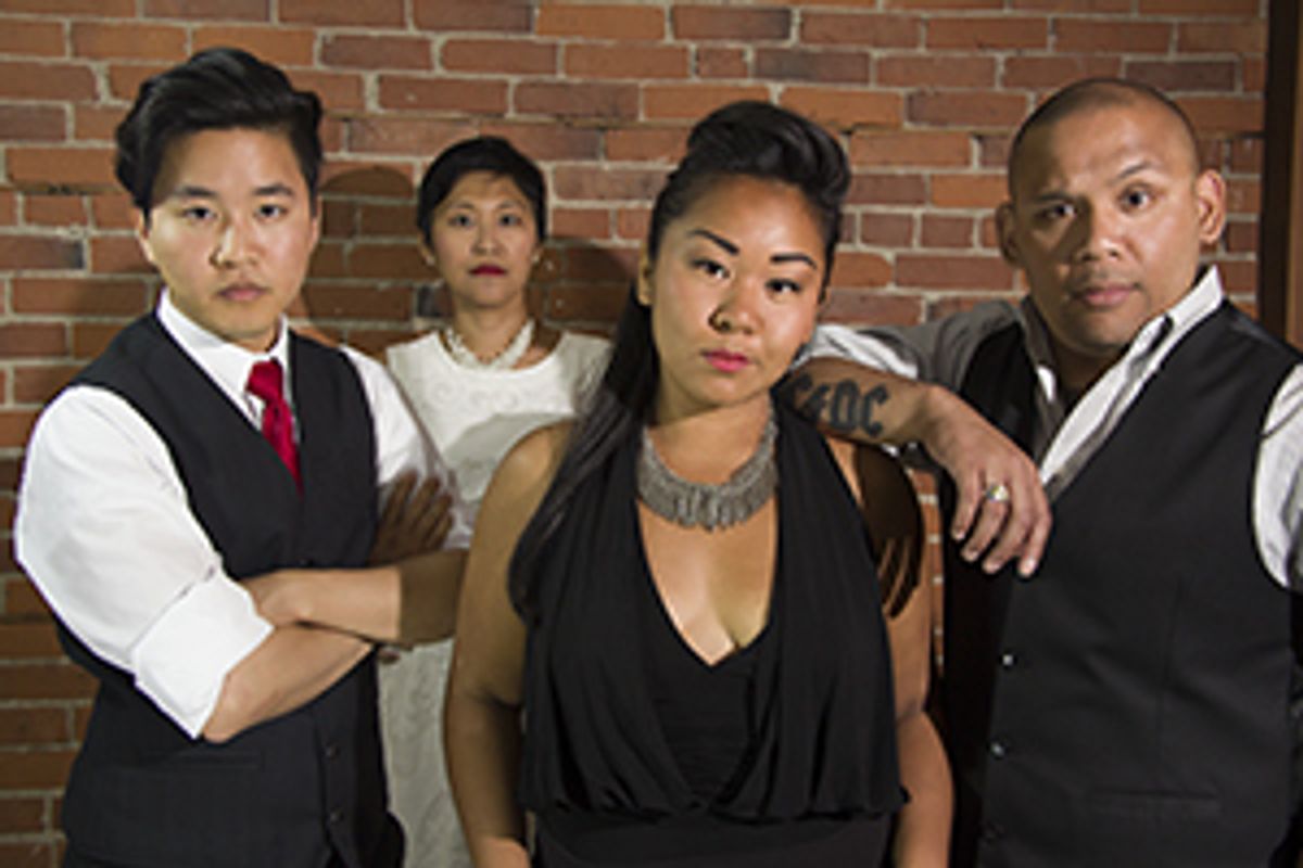 Siblings Francis (Kevin Lin), Blue (Sara Porkalob) and H (Daniel Arreola) while Mable (Mariko Kita) lurks.
photo by roger tang Siblings Francis (Kevin Lin), Blue (Sara Porkalob) and H (Daniel Arreola) while Mable (Mariko Kita) lurks.
photo by roger tang