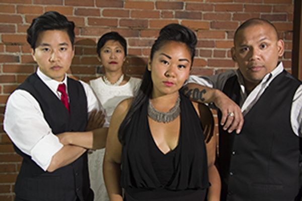 Siblings Francis (Kevin Lin), Blue (Sara Porkalob) and H (Daniel Arreola) while Mable (Mariko Kita) lurks.
photo by roger tang 1