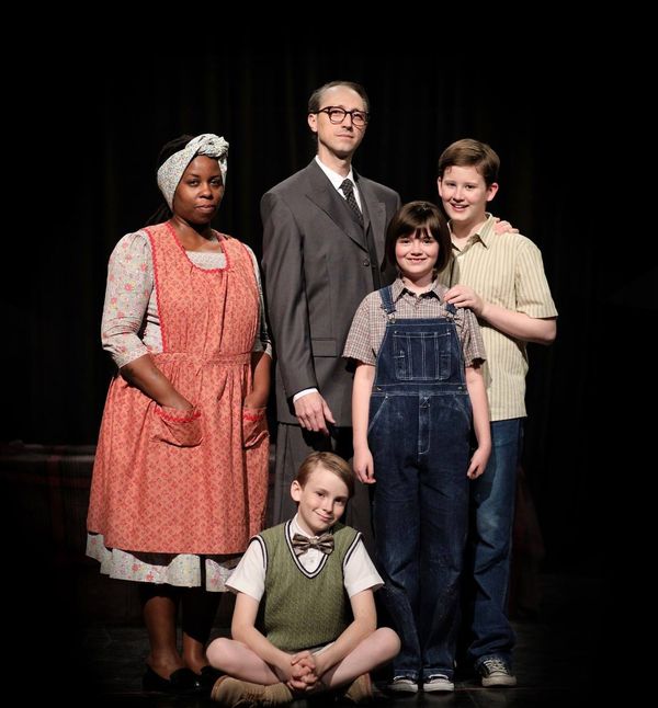 Calpurnia (Miki Gaynor); Atticus (James Norris); Scout (Gwen Selfridge; Jem (Ryan Allen) and Dill (Sagan Kinectic) (sitting) 1