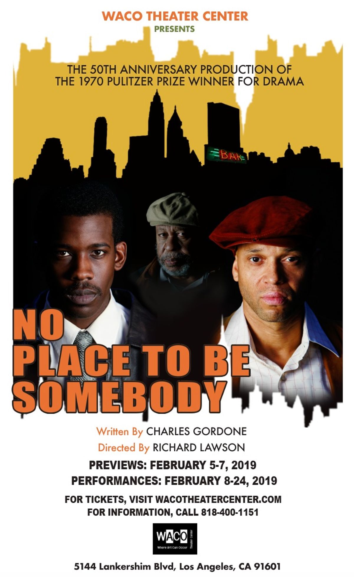 NO PLACE TO BE SOMEBODY explores race relations, culture and the American dream at the height of the Civil Rights Movement. Written over the course of seven years, Gordon shares the story of a black bar owner trying to outwit a white mobster syndicate who wants power by any means necessary.  In the midst of chaos and the allusion of the forward movement for blacks, the production speaks to the pressing issues of our times, particularly America?s troubling racial divide. We view the world from the viewpoint of actor-playwright Gabe Gabriel (Terryl Daluz), who occasionally steps out of his role and plays observer, delivering heart wrenching moments which accentuate the play?s boiling frustrations and anger. 