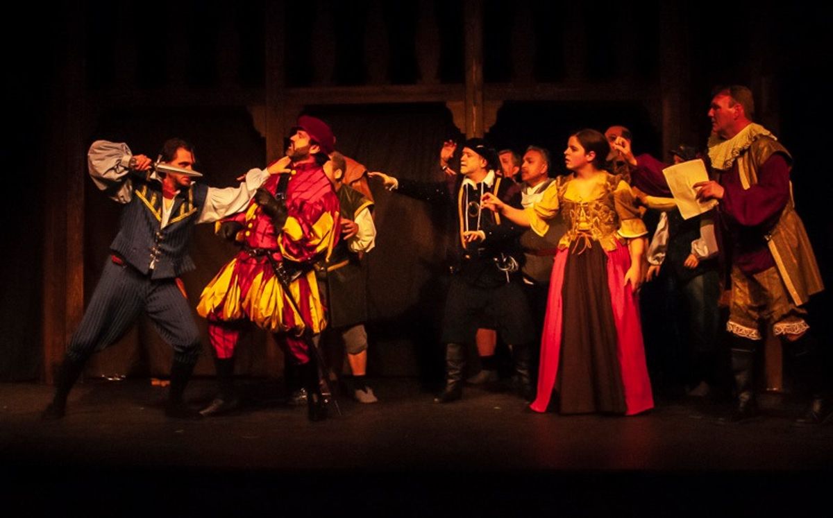 Will Shakespeare and Lord Wessex tussle as the players look on! Will Shakespeare and Lord Wessex tussle as the players look on!
