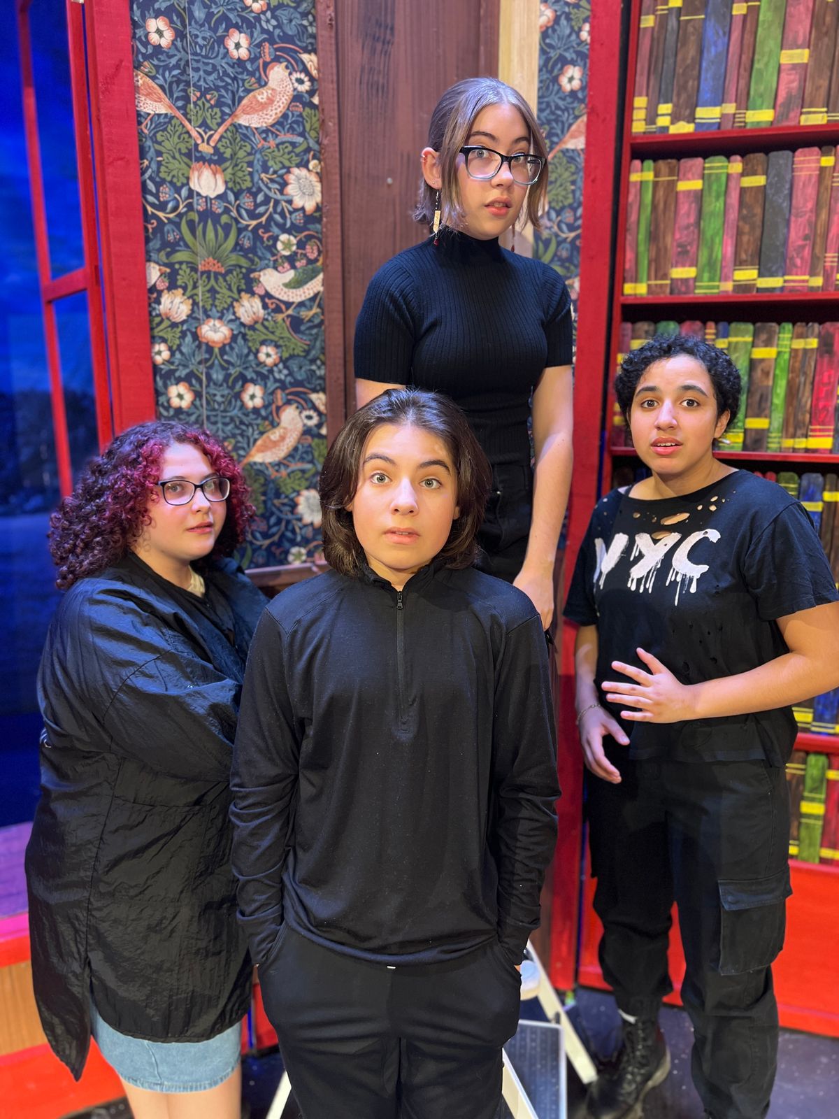 Danielle DiMurro, Joshua Hitner, Polly deCos and Arianna Correa as the Tech Crew Ensemble