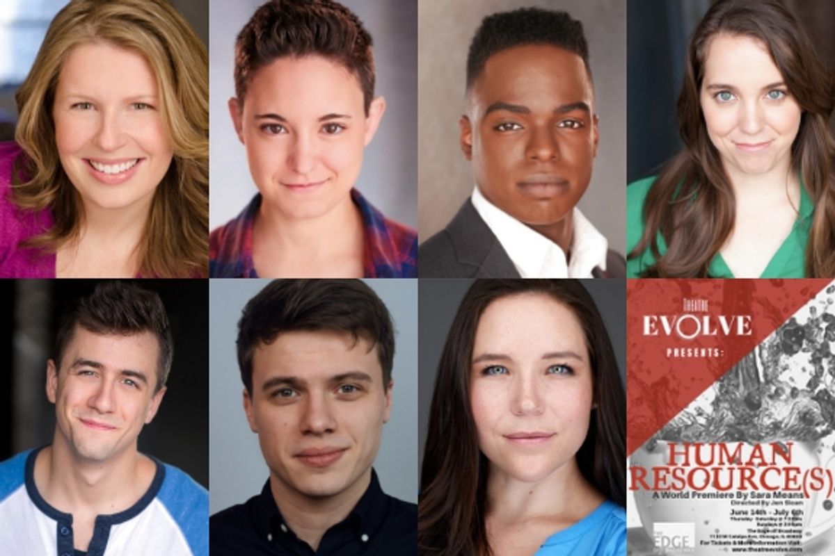 The cast of Human Resource(s). Top row: Andrea Uppling, Jackie Seijo, Jonathan Allsop, Shanna Sweeney. Bottom row: Trevor Strahan, Ethan Burk, Mary Eliza Willingham.