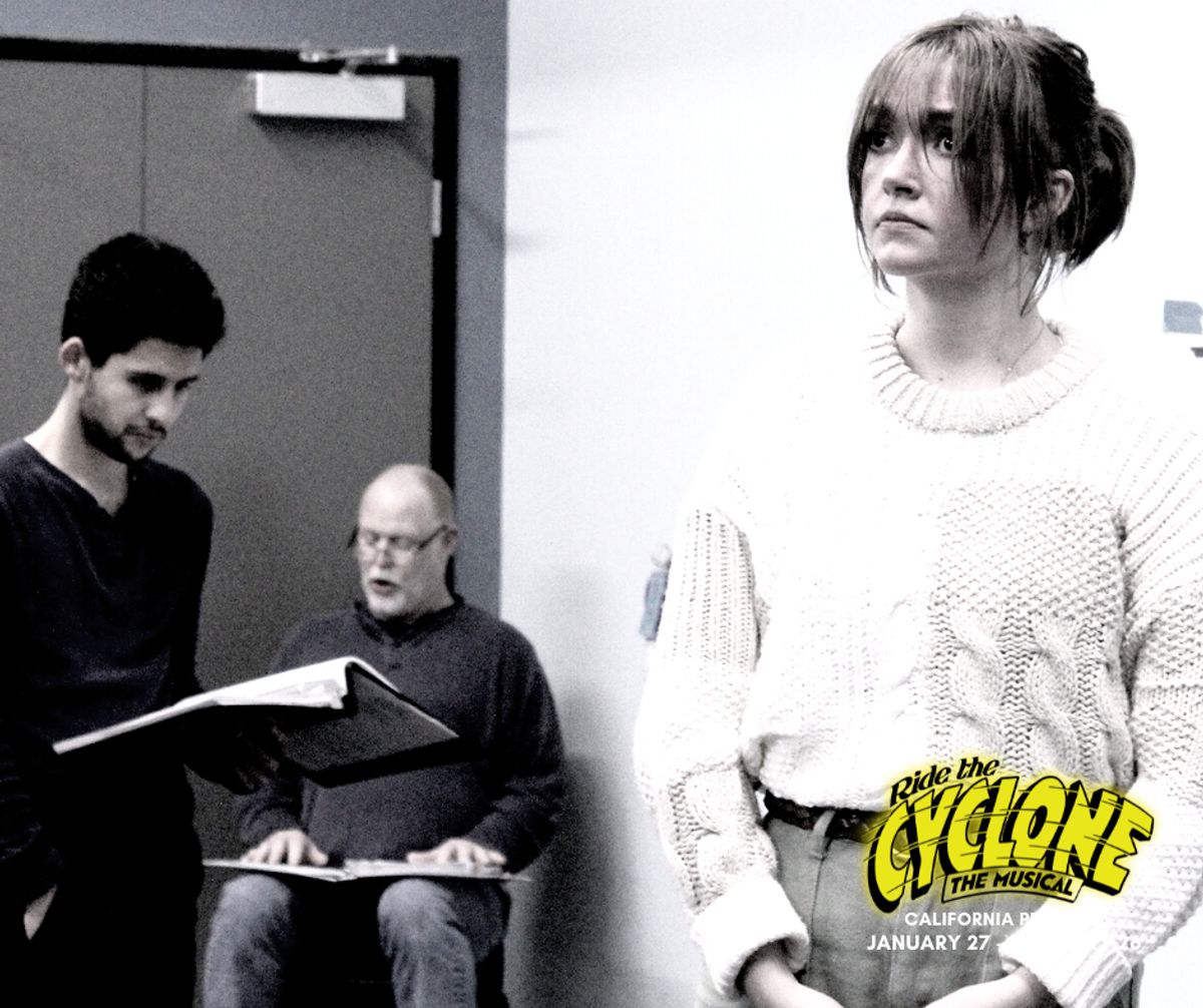 Jared Machado as Mischa Bachinski, Robert Foran as The Amazing Karnak, and Em Flosi as Jane Doe in rehearsal for the California premiere of "Ride the Cyclone" at Chance Theater in Anaheim, CA. Book, music, and lyrics by Jacob Richmond & Brooke Maxwell, directed by Jocelyn A. Brown, music direction by Lex Leigh, and choreographed by Miguel Cardenas. Playing January 27 - February 26, 2023 at Bette Aitken theater arts Center on the Cripe Stage. Jared Machado as Mischa Bachinski, Robert Foran as The Amazing Karnak, and Em Flosi as Jane Doe in rehearsal for the California premiere of "Ride the Cyclone" at Chance Theater in Anaheim, CA. Book, music, and lyrics by Jacob Richmond & Brooke Maxwell, directed by Jocelyn A. Brown, music direction by Lex Leigh, and choreographed by Miguel Cardenas. Playing January 27 - February 26, 2023 at Bette Aitken theater arts Center on the Cripe Stage.