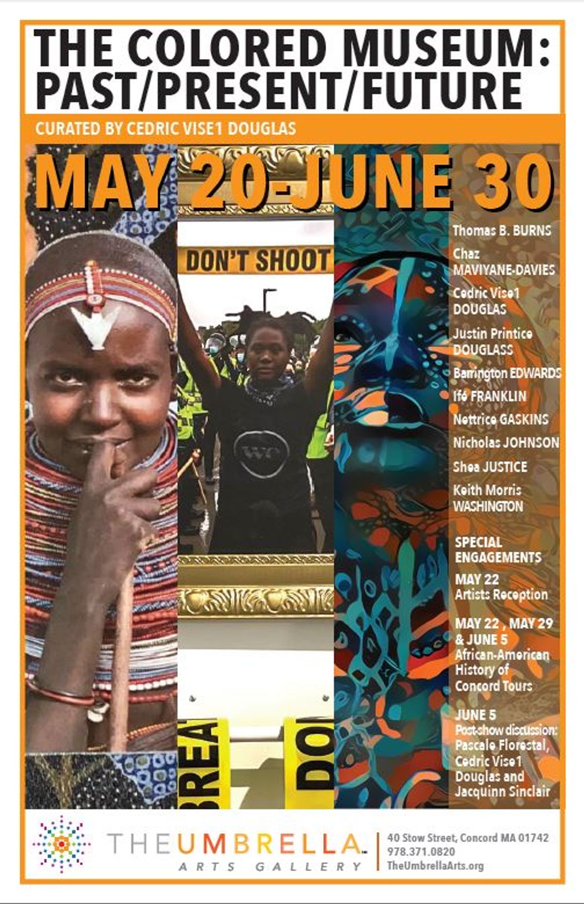 In a bold new exhibition at The Umbrella Main Art Gallery in Concord, artist and curator Cedric Vise1 Douglas has found inspiration George C. Wolfe's provocative play. "The Colored Museum: Past/Present/Future" exhibition features work by 10 emerging and established Black artists from throughout the region. Join us for an interactive Artists Reception Sunday May 22, between 5-8PM, immediately after the play's 3PM matinee performance.