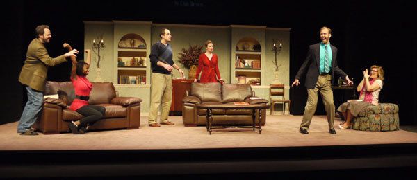 David Mason, Courtney Thomas, Mike Ostroski, Robyne Parrish, Peter Husovsky and Janet Mitchko in The Book Club Play at The Public Theatre: Director - Christopher Schario, Set Design - Amber Callahan, Lighting Design - Bart Garvey, Costume Design - Hannah J. Brown 1