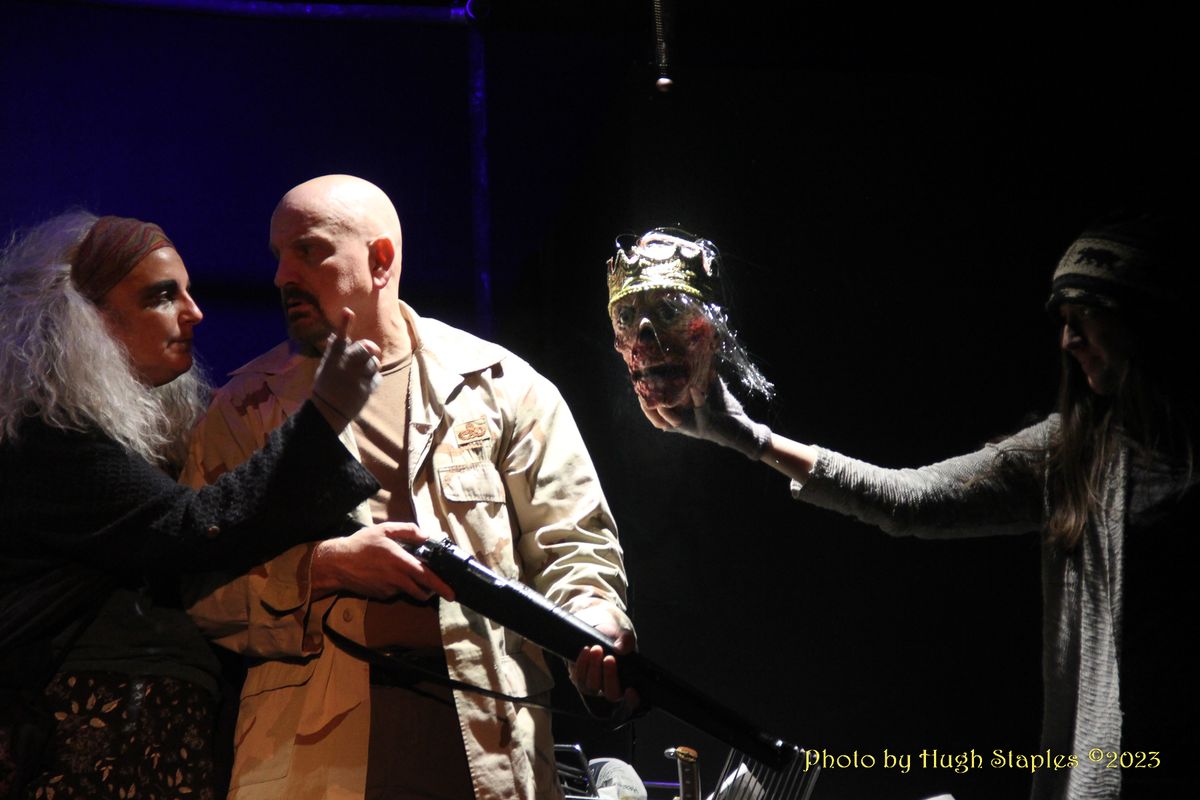 Macbeth converses with the two witches. Macbeth converses with the two witches.