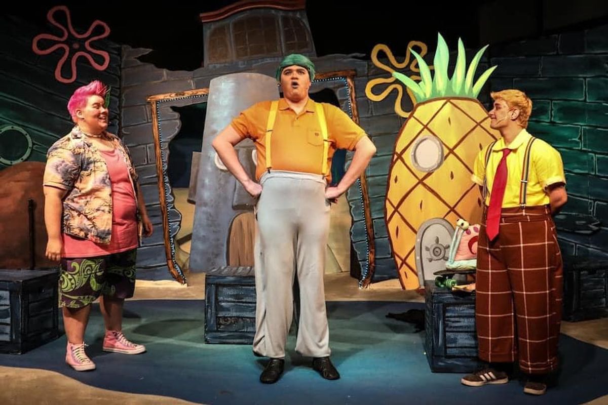 Squidward (Josh Merrill), Patrick (Bear Golden) and SpongeBob (Logan Swope) in Starlight Community Theater's THE SPONGEBOB MUSICAL. (photo credit: Renee Ashlock) Squidward (Josh Merrill), Patrick (Bear Golden) and SpongeBob (Logan Swope) in Starlight Community Theater's THE SPONGEBOB MUSICAL. (photo credit: Renee Ashlock)