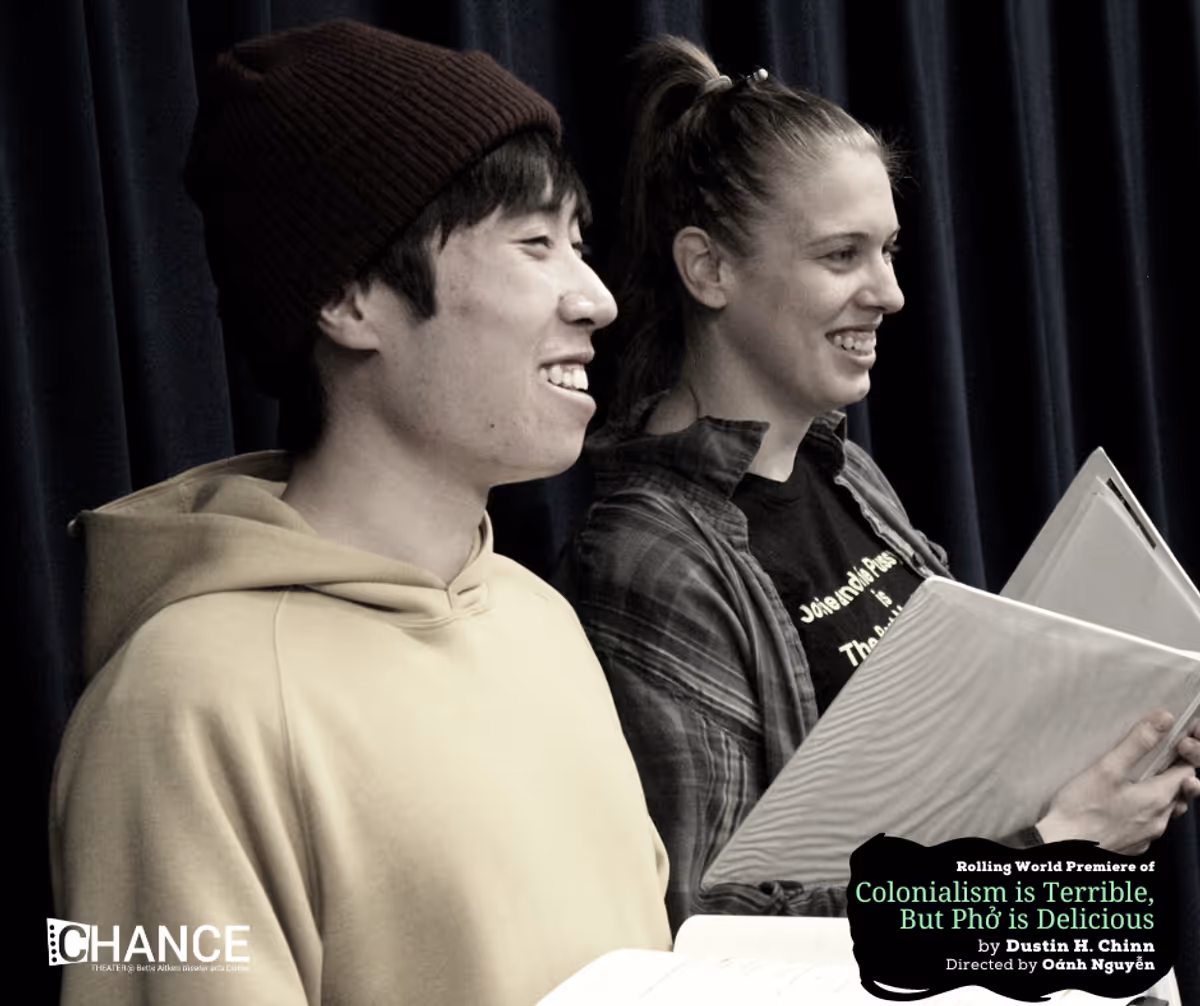 Dustin Vuong Nguyen and Chloe Gay Brewer in rehearsals for the rolling world premiere of "Colinialism is Terrible, But Phở is Delicious" at Chance Theater. Photo by Casey Long.