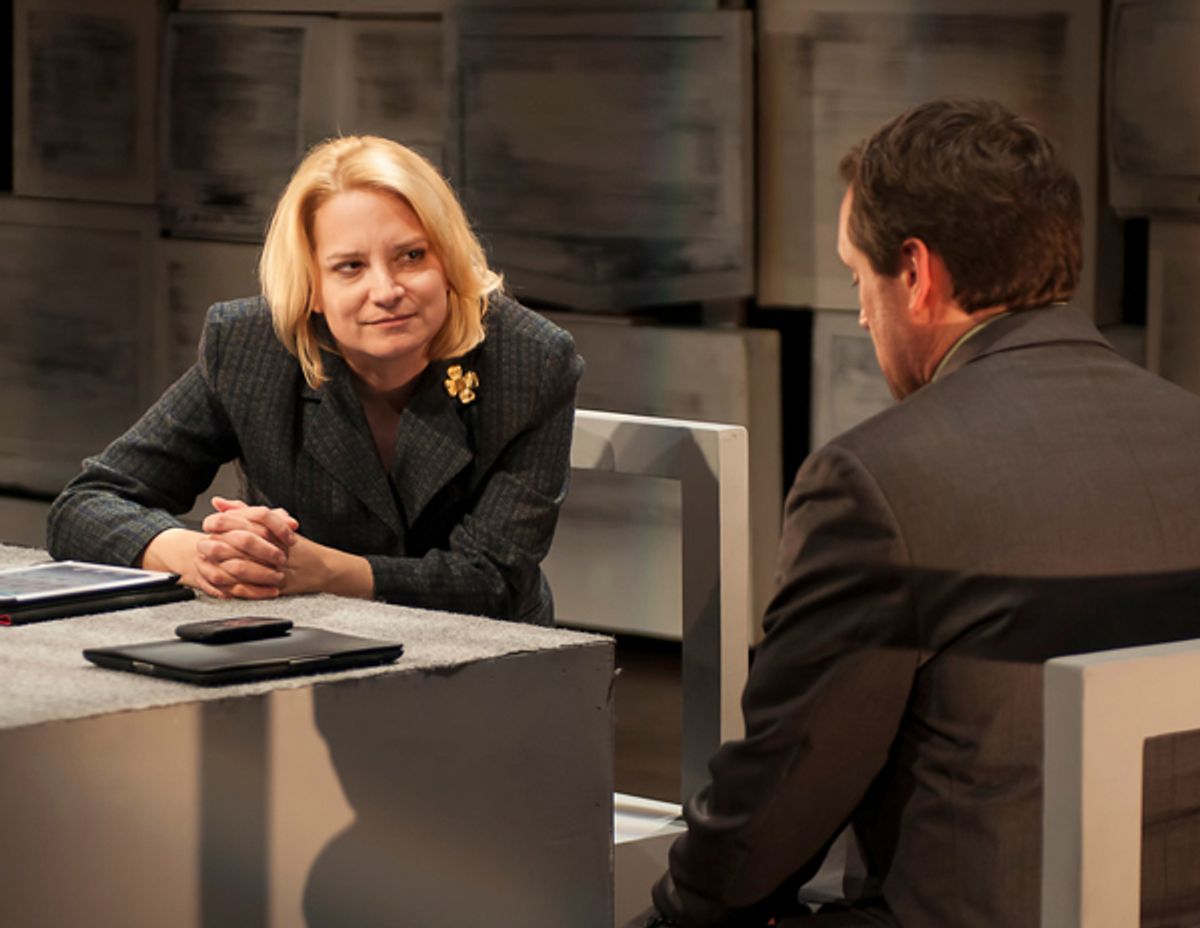 Melissa Carter as Senator Haines and John Benzinger as Adam Lowell in 7 Stages' World Premiere of Topher Payne's "Angry Fags," directed by Justin Anderson. Image by Stungun Photo. Melissa Carter as Senator Haines and John Benzinger as Adam Lowell in 7 Stages' World Premiere of Topher Payne's "Angry Fags," directed by Justin Anderson. Image by Stungun Photo.