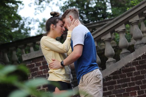 Leanne Rooney as Hamlet,  and Taylor Brigade as Ophelia, rehearsing for Schuylkill Free Shakespeare's production of The Tragedie of Hamlet by William Shakespeare.  Directed by Emily Rose Ehlinger. August 6th through August 11th at The Schuylkill County Council for the Arts on the grounds of The Historic Yuengling Mansion. 1