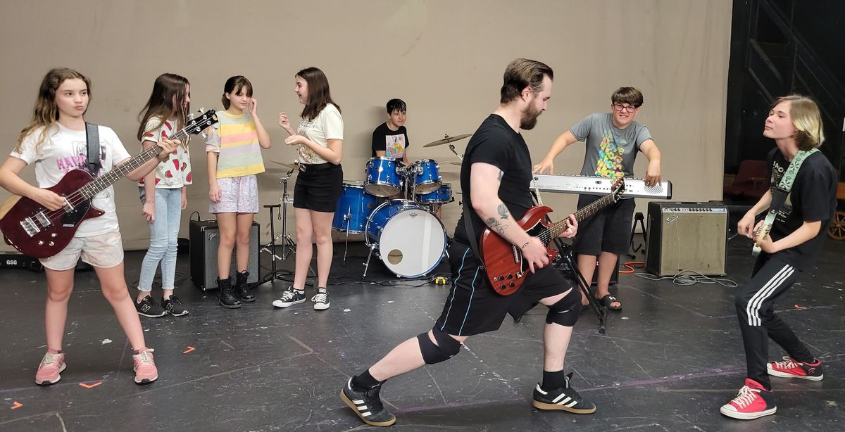 The Community Little Theatre stage is a rocking scene these days as a talented young cast prepares for the upcoming production of School of Rock - The Musical. Pictured here left to right at a recent rehearsal are Maisy Seaver ("Katie," bass guitar), Isana Bell ("Marcy," back-up singer), Daphne Cifelli ("Shonelle," back-up singer), Meaghan Rivard ("Tomika," lead singer), Owen Hiltz ("Freddie," drums), Brendon Bouchard ("Dewey Finn"), Zane Deletetsky ("Lawrence," keyboard), and Dashiell Legawiec ("Zack," lead guitar).